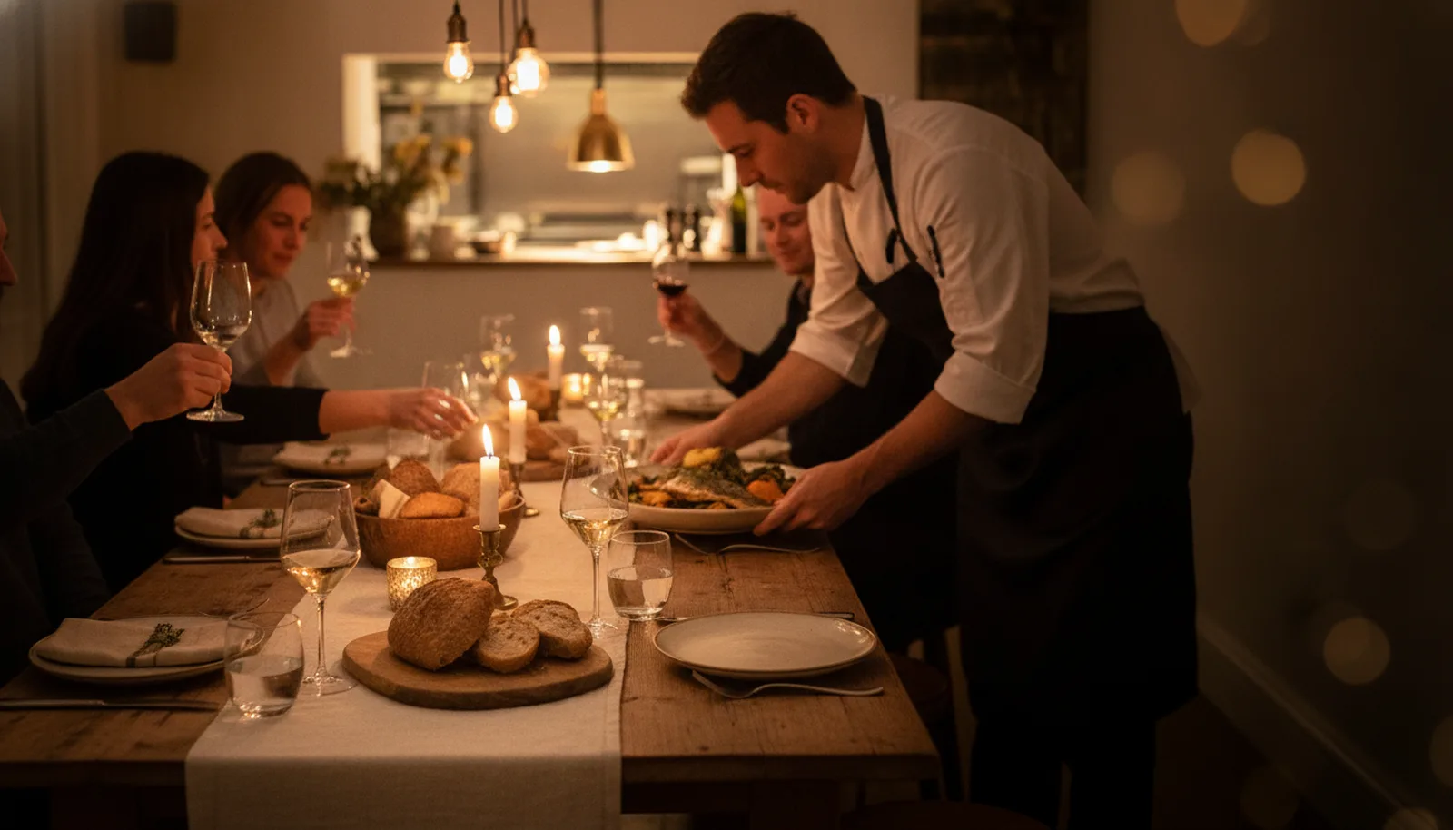 A chef sets a shared platter on a long candlelit table at a supper club