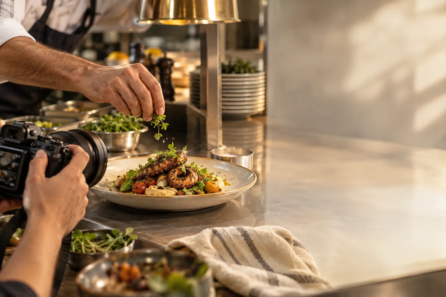 A chef finishes a plate while it is photographed at the pass