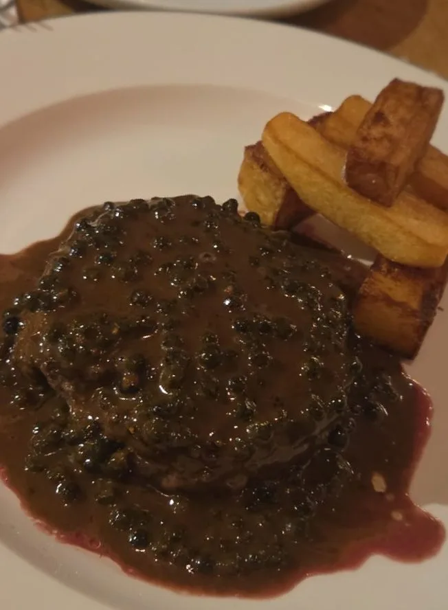 Steak Frites with Peppercorn Sauce